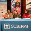 Christian Cheairs, broadcast journalism major, Prof. Joy McDonald, and Interim Dean Whitaker-Heck at Scripps Career Days news conference.
